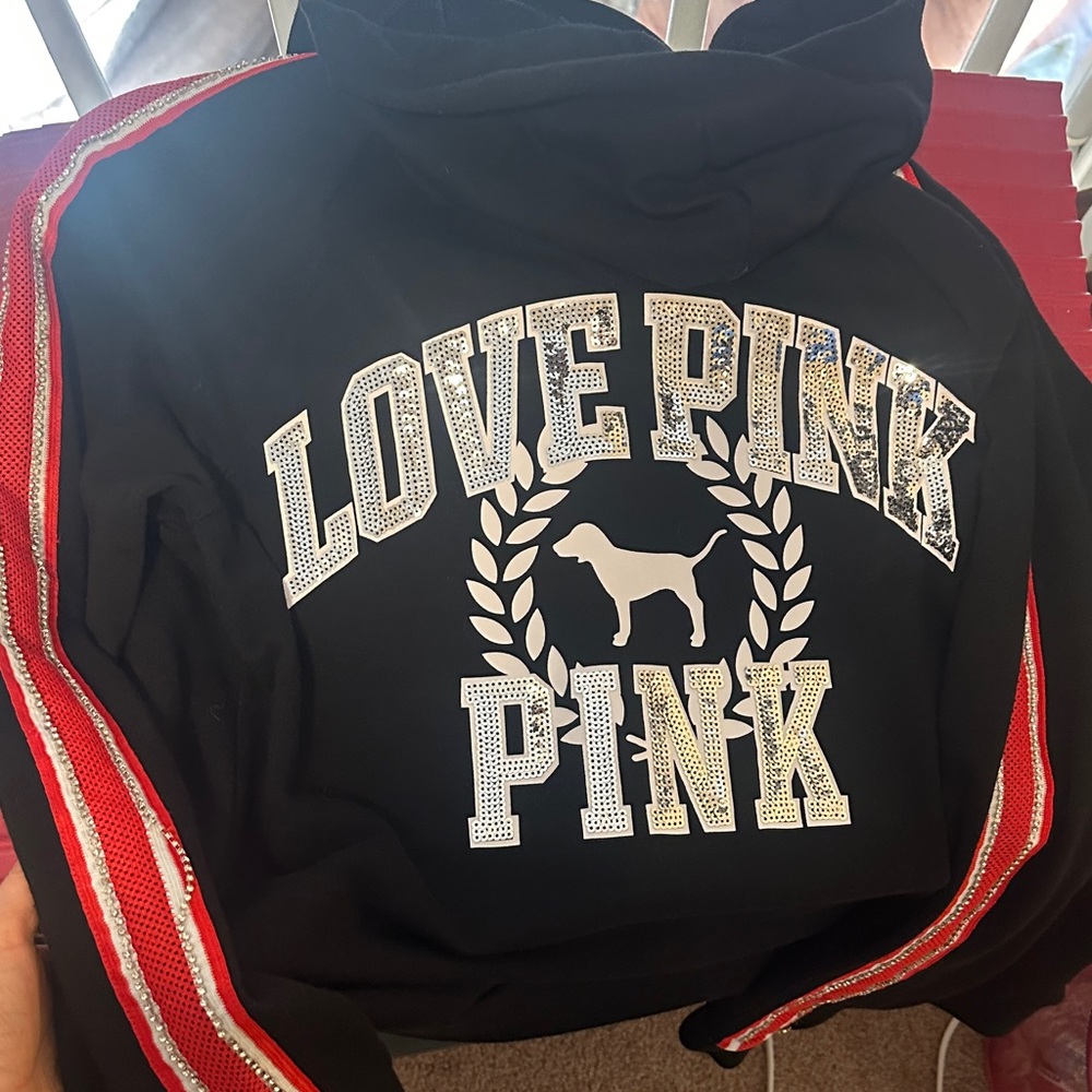 PINK Victoria's Secret Black Hoodie with Red Stripe and White Logo